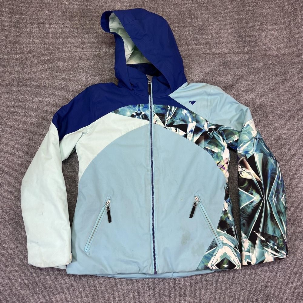 Obermeyer Jacket Kids Large 14/16 Blue Geometric Hooded Insulated Ski Winter